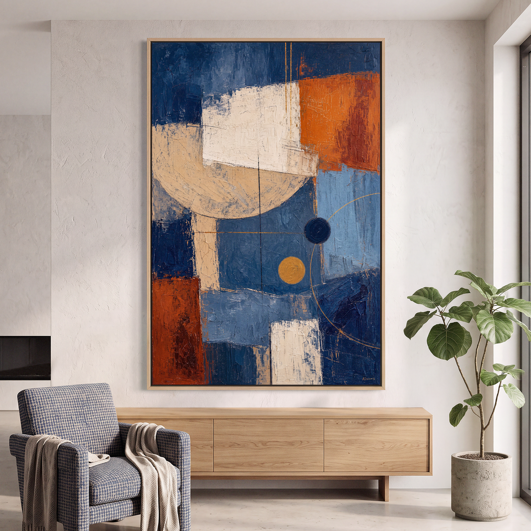 Abstract Canvas Wall Art, Blue Orange Geometric Oil Painting