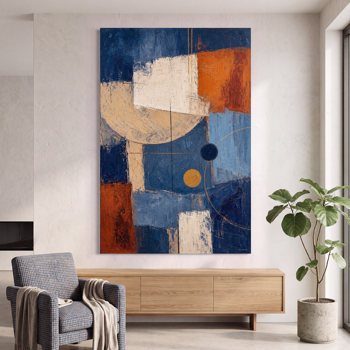 Abstract Canvas Wall Art, Blue Orange Geometric Oil Painting