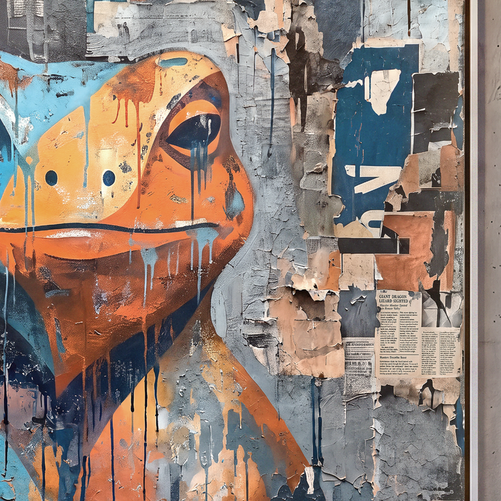 Collage Frog Canvas Wall Art, Blue, Orange, Newspaper Texture, Street Art