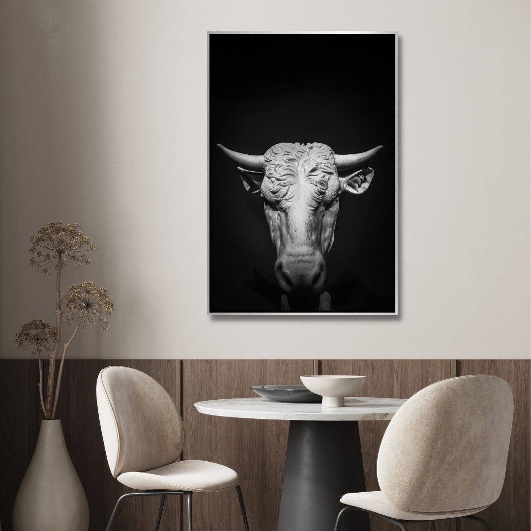 Black & White Bull Head Photography Canvas Art - Designity Art