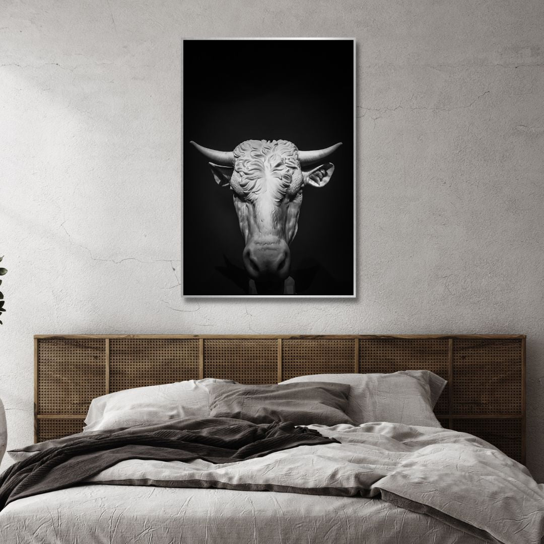 Black & White Bull Head Photography Canvas Art - Designity Art