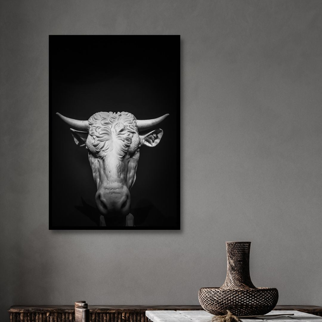 Black & White Bull Head Photography Canvas Art - Designity Art