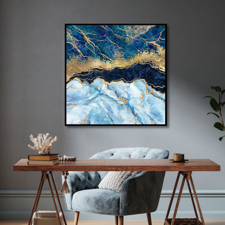 Blue and Gold Marble Effect Fluid Abstract Art - Designity Art