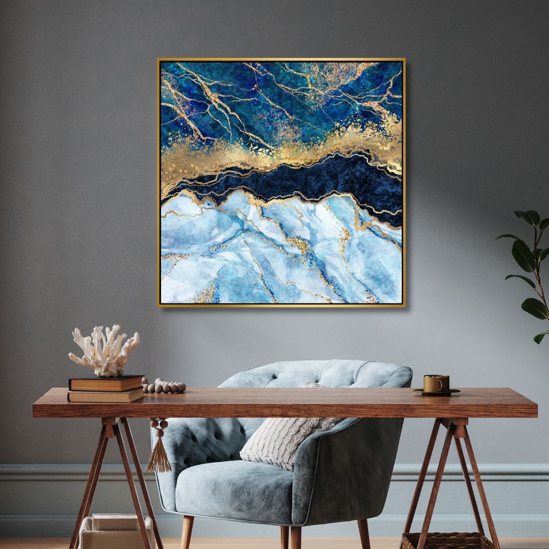 Blue and Gold Marble Effect Fluid Abstract Art - Designity Art