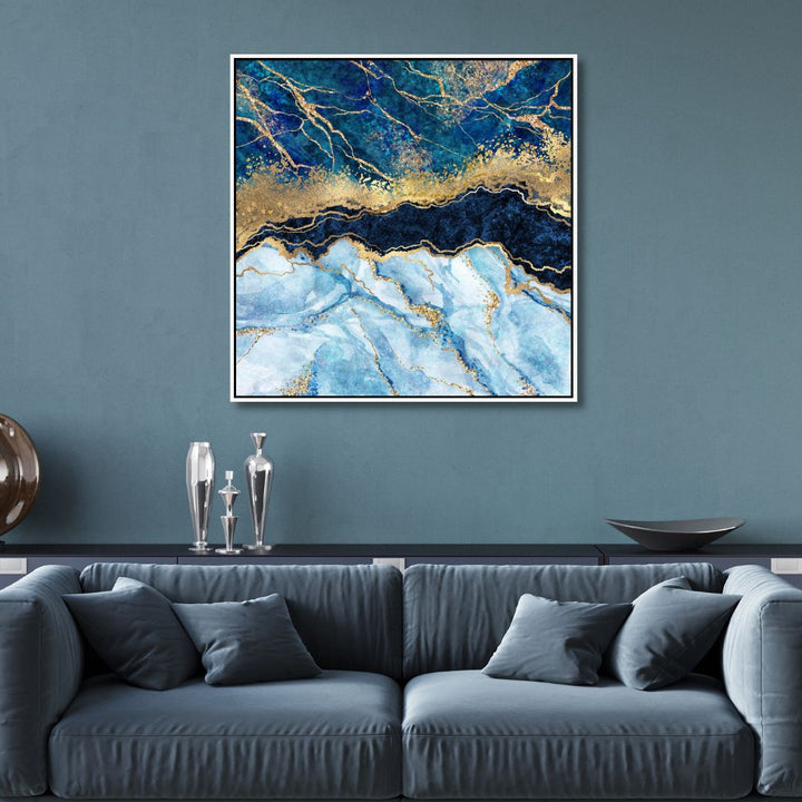 Blue and Gold Marble Effect Fluid Abstract Art - Designity Art