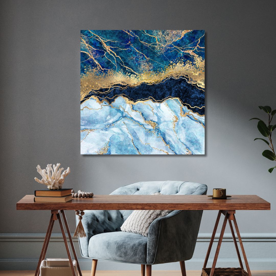 Blue and Gold Marble Effect Fluid Abstract Art - Designity Art