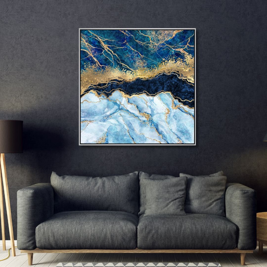 Blue and Gold Marble Effect Fluid Abstract Art - Designity Art