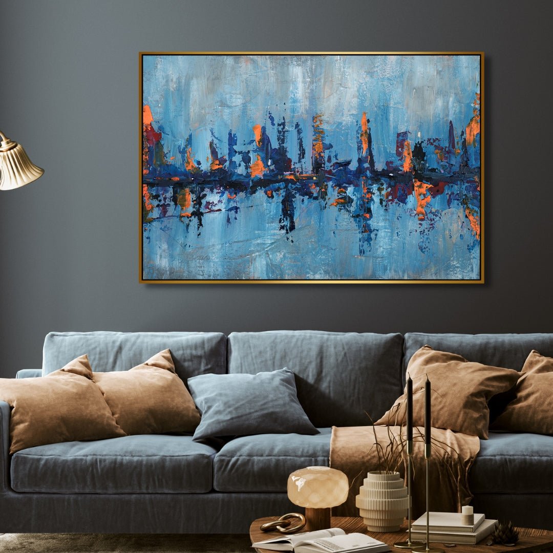 Blue and Orange City Landscape Abstract Art - Designity Art