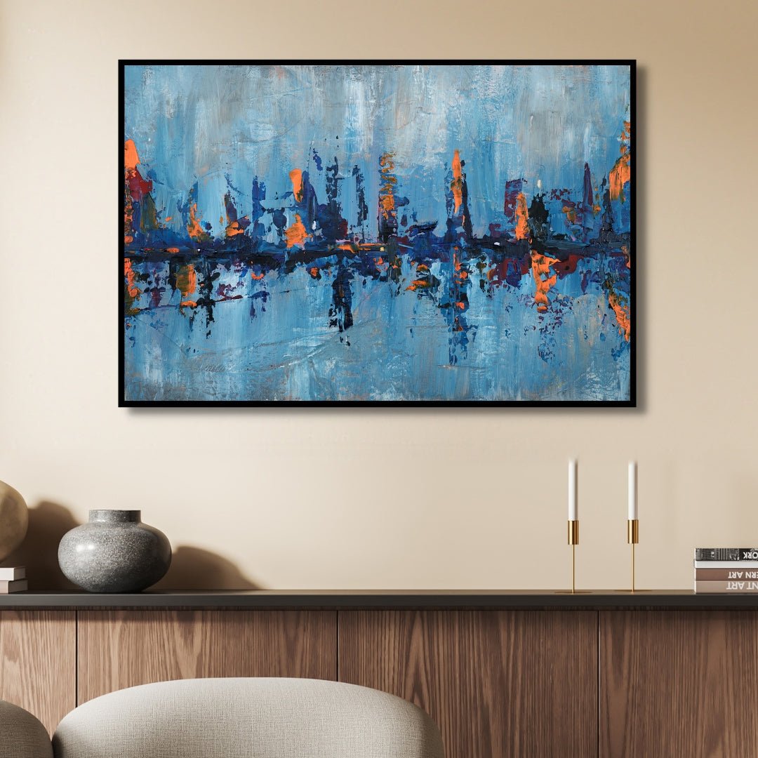 Blue and Orange City Landscape Abstract Art - Designity Art