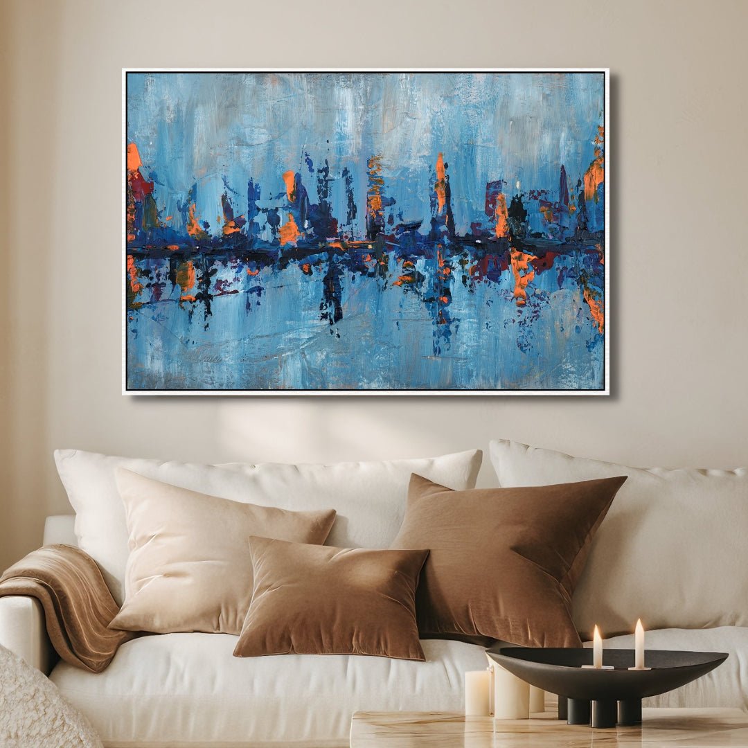 Blue and Orange City Landscape Abstract Art - Designity Art