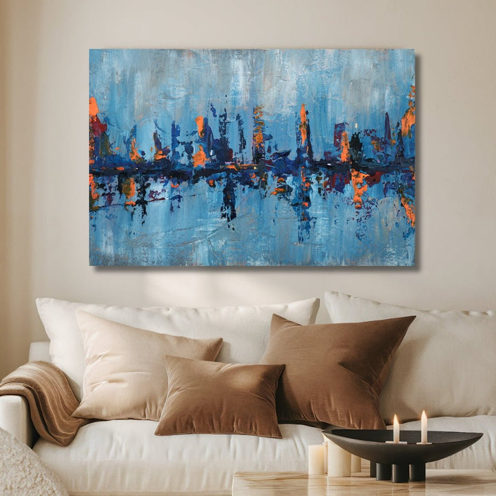 Blue and Orange City Landscape Abstract Art - Designity Art