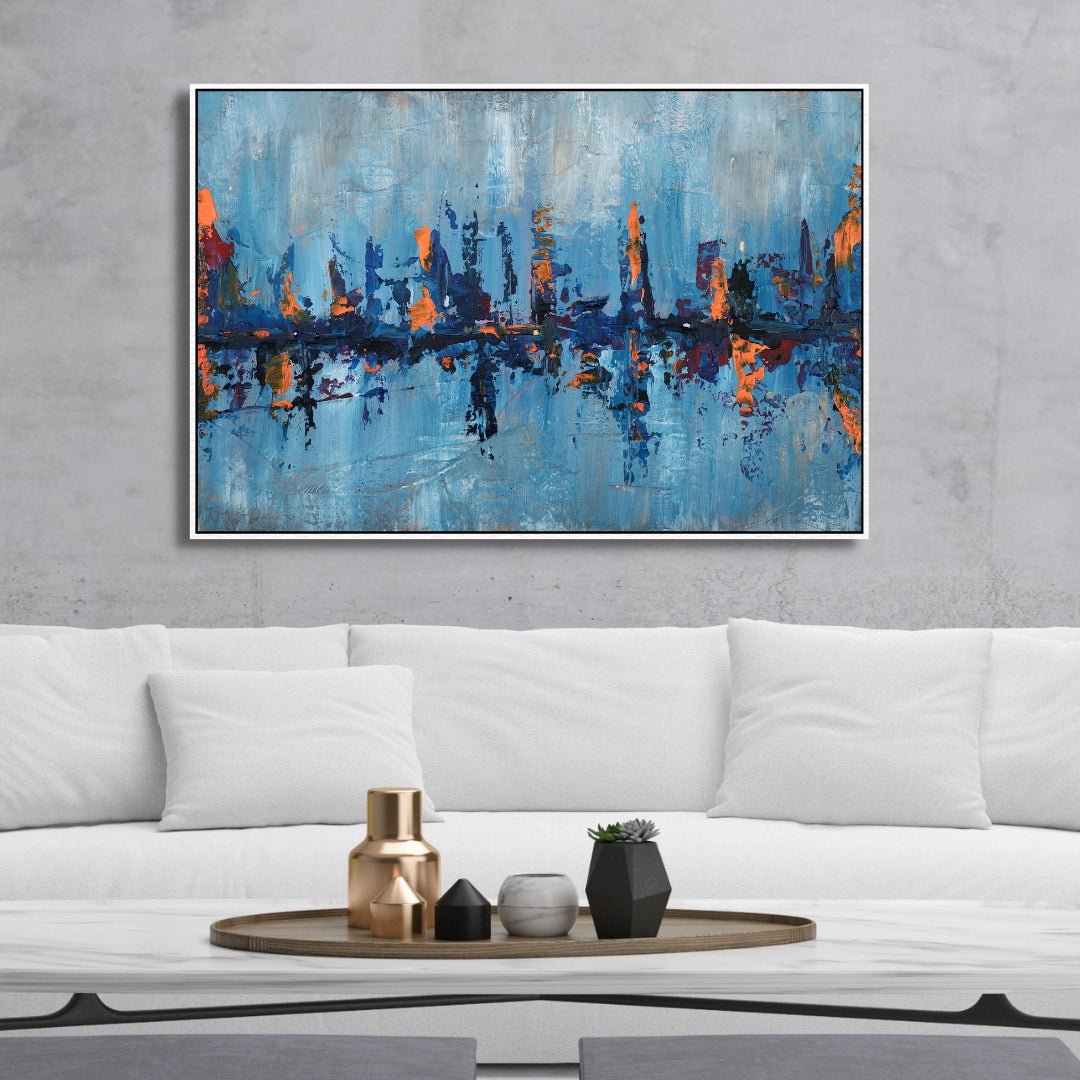 Blue and Orange City Landscape Abstract Art - Designity Art