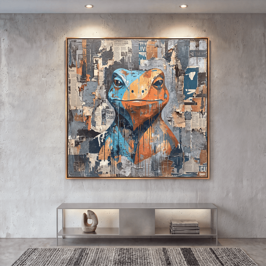 Collage Frog Canvas Wall Art, Blue, Orange, Newspaper Texture, Street Art - Designity Art
