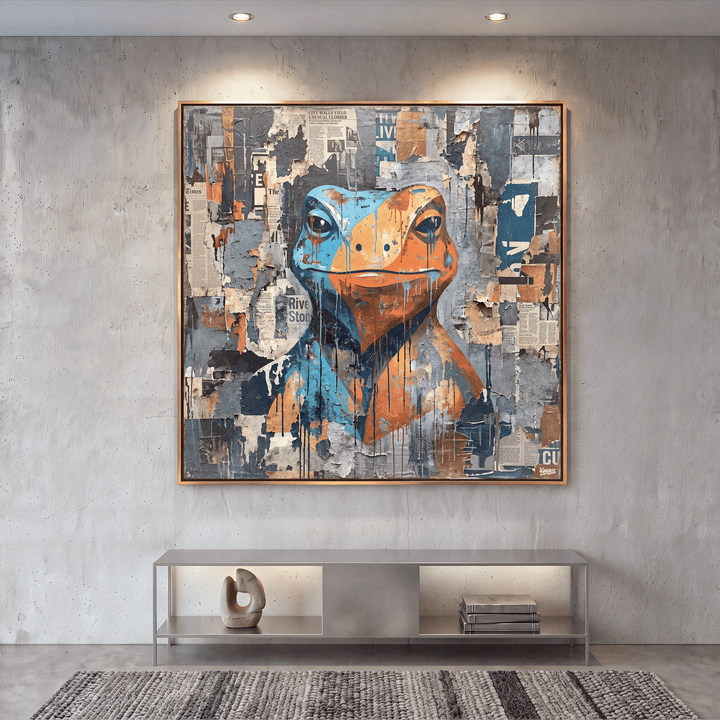 Collage Frog Canvas Wall Art, Blue, Orange, Newspaper Texture, Street Art - Designity Art