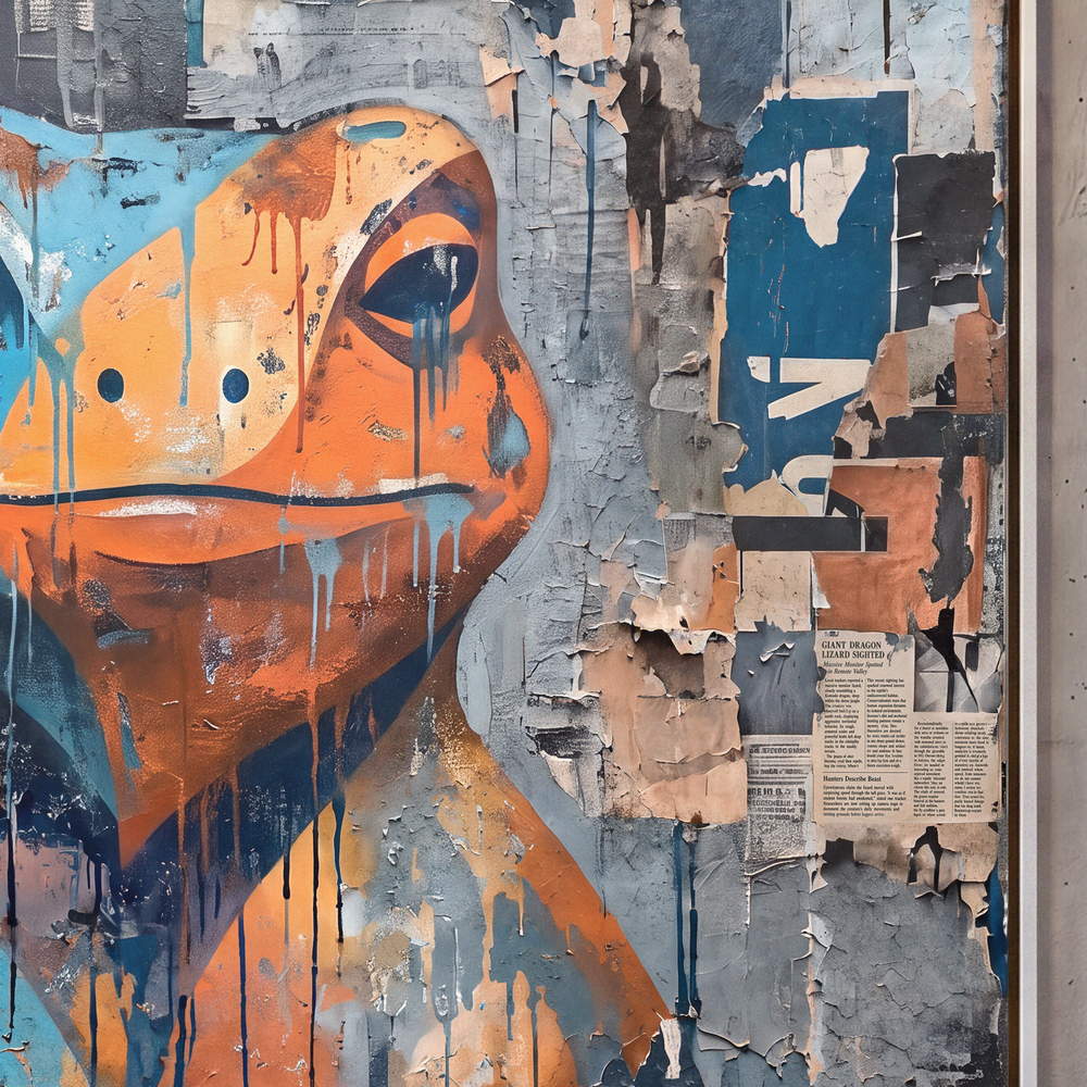 Collage Frog Canvas Wall Art, Blue, Orange, Newspaper Texture, Street Art - Designity Art