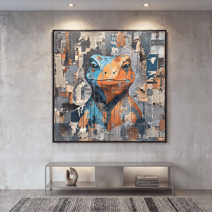 Collage Frog Canvas Wall Art, Blue, Orange, Newspaper Texture, Street Art - Designity Art