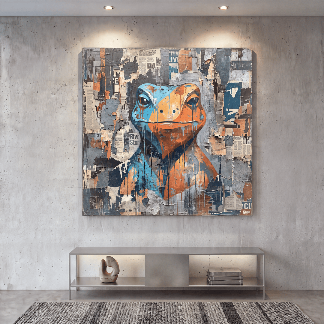Collage Frog Canvas Wall Art, Blue, Orange, Newspaper Texture, Street Art - Designity Art