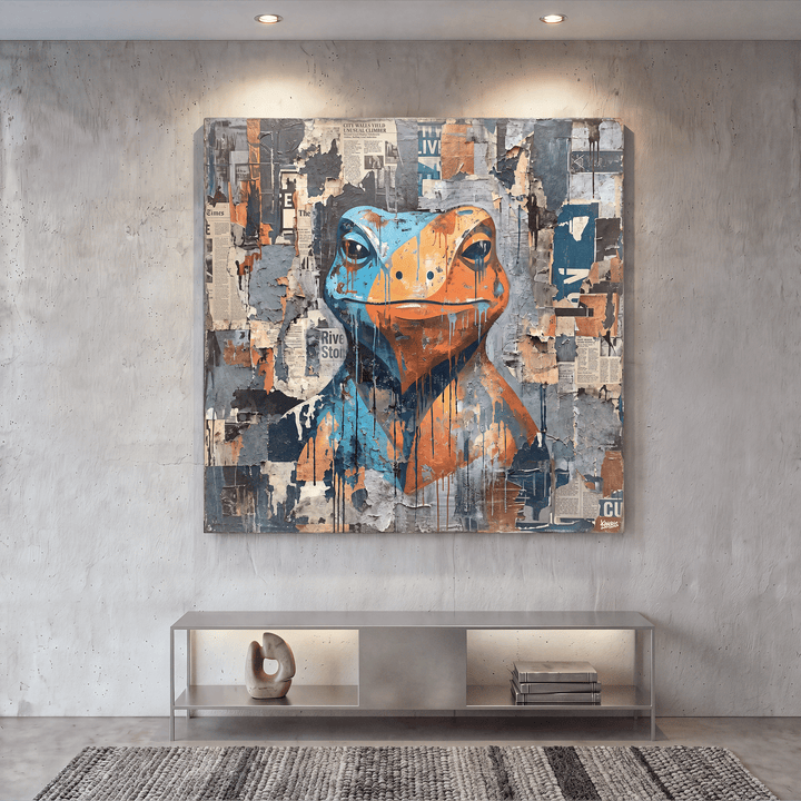 Collage Frog Canvas Wall Art, Blue, Orange, Newspaper Texture, Street Art - Designity Art