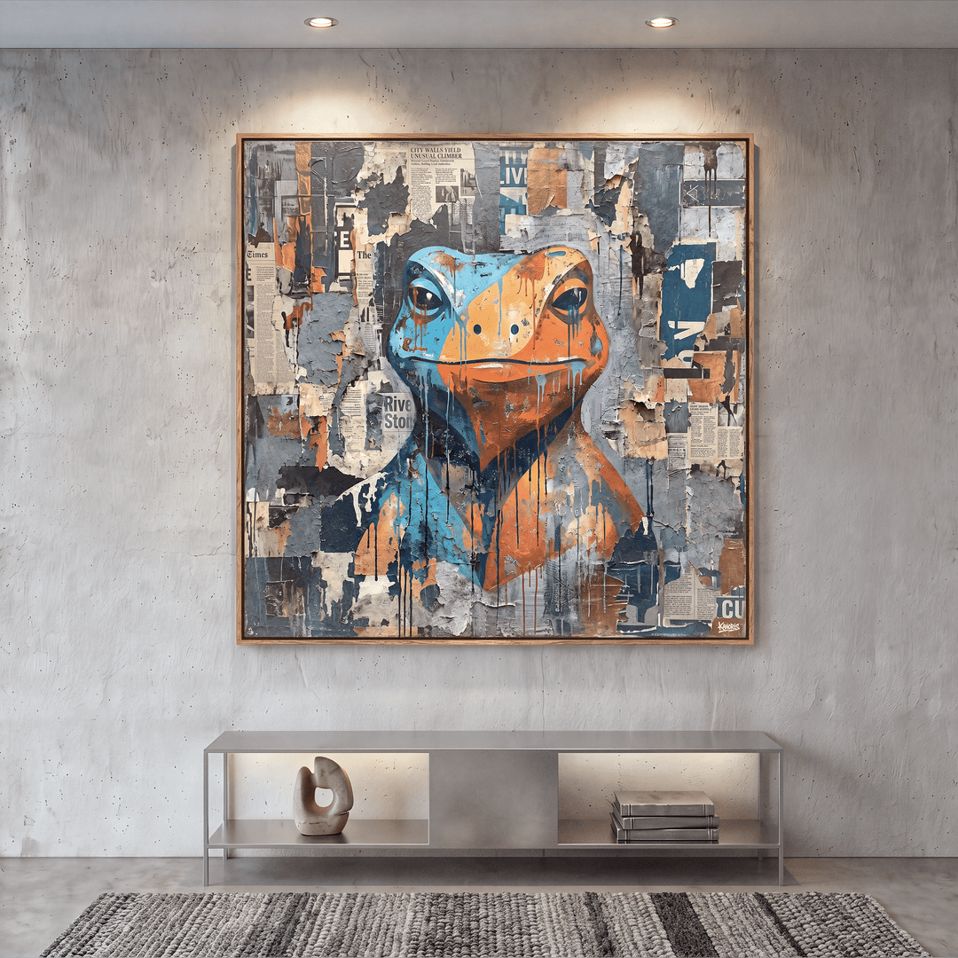 Collage Frog Canvas Wall Art, Blue, Orange, Newspaper Texture, Street Art - Designity Art