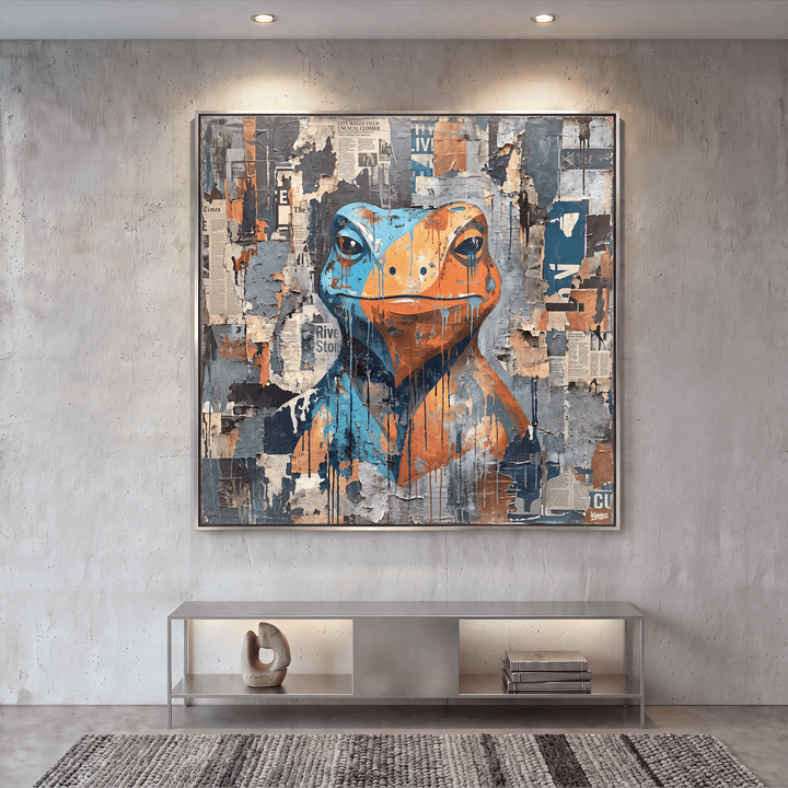 Collage Frog Canvas Wall Art, Blue, Orange, Newspaper Texture, Street Art - Designity Art