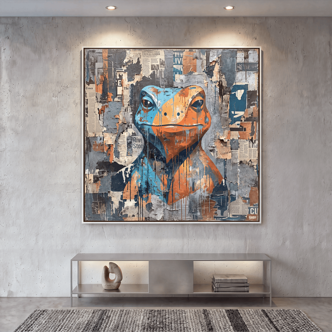 Collage Frog Canvas Wall Art, Blue, Orange, Newspaper Texture, Street Art - Designity Art