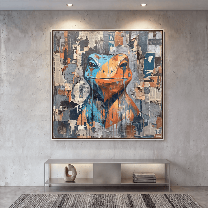 Collage Frog Canvas Wall Art, Blue, Orange, Newspaper Texture, Street Art - Designity Art