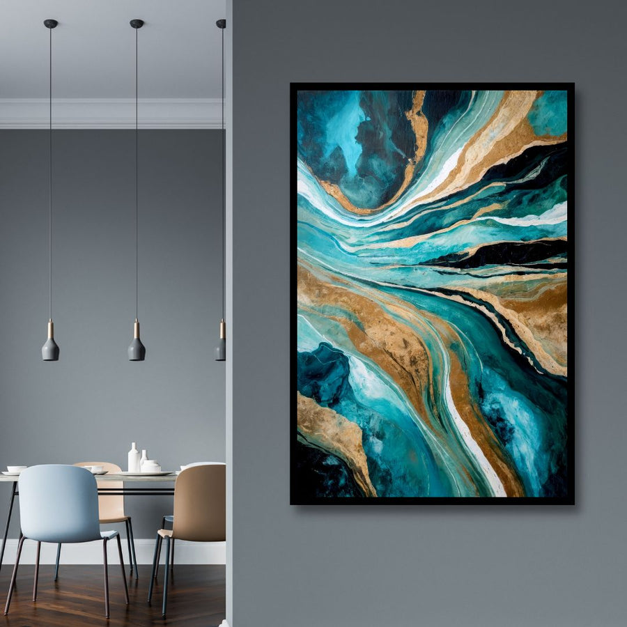 Fluid Blue, Teal and Gold Abstract Art - Designity Art