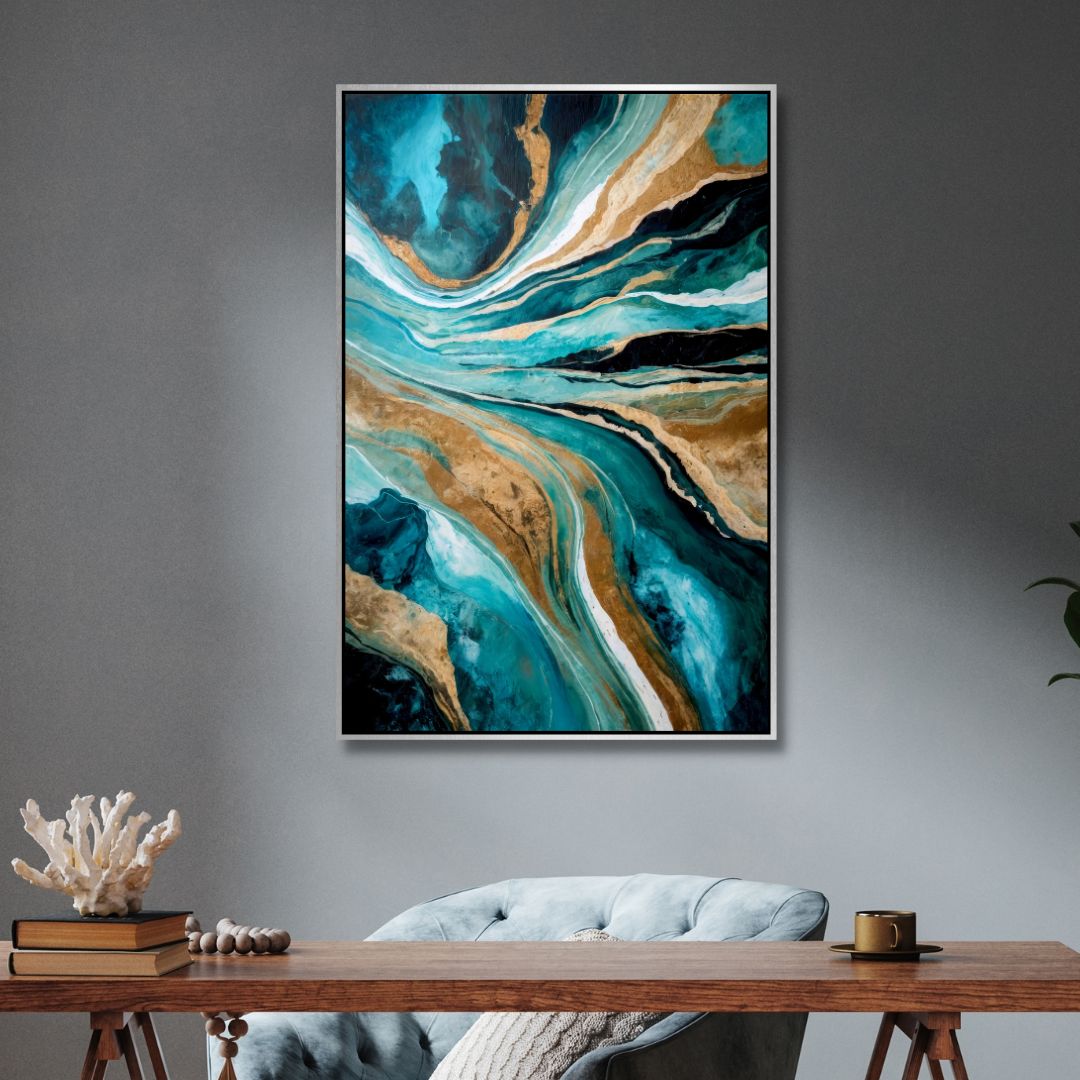 Fluid Blue, Teal and Gold Abstract Art - Designity Art