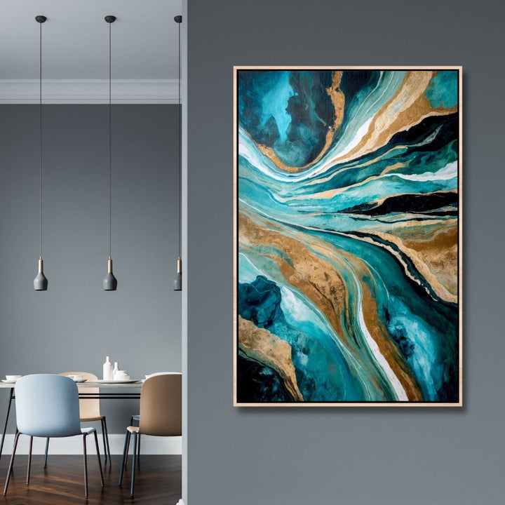 Fluid Blue, Teal and Gold Abstract Art - Designity Art