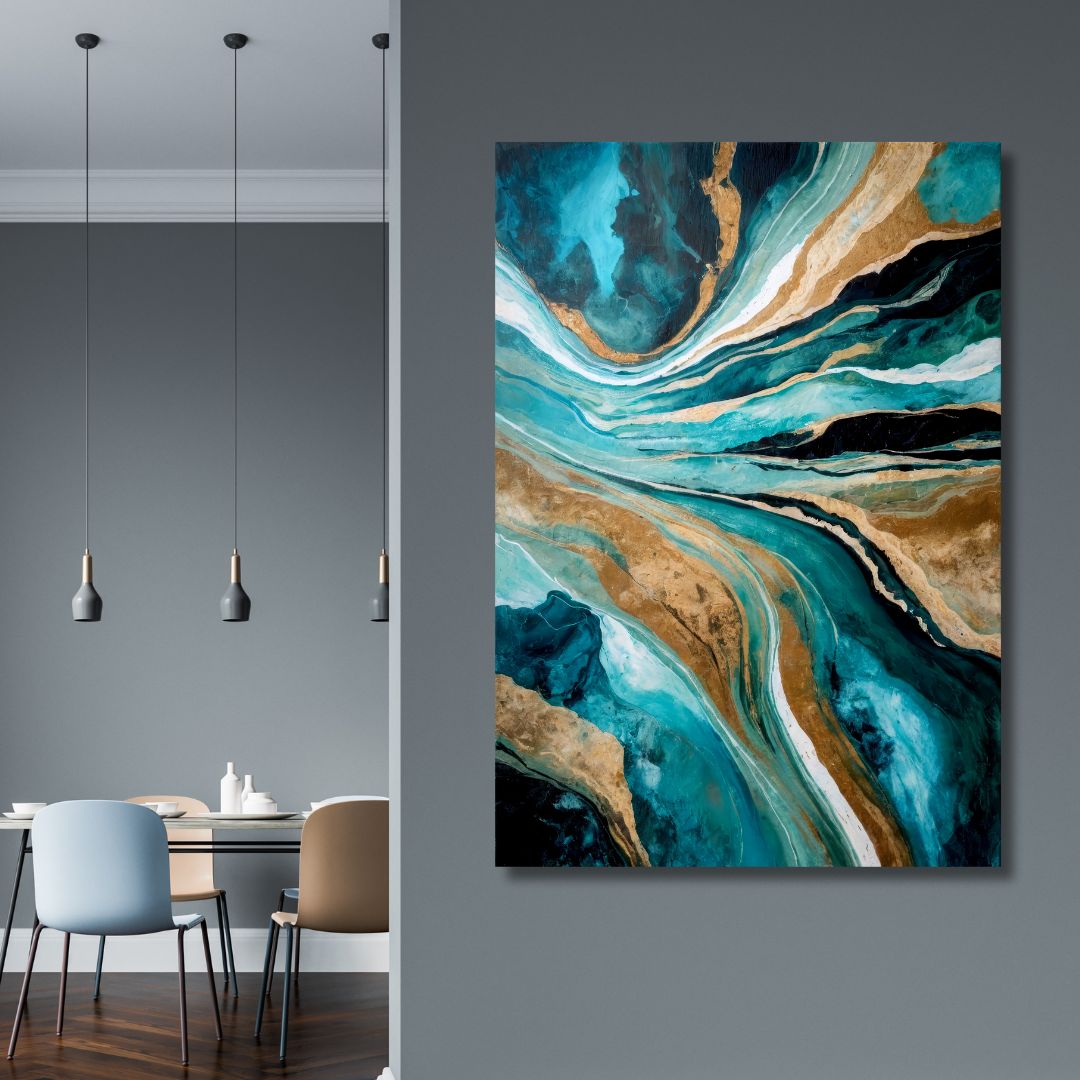 Fluid Blue, Teal and Gold Abstract Art - Designity Art