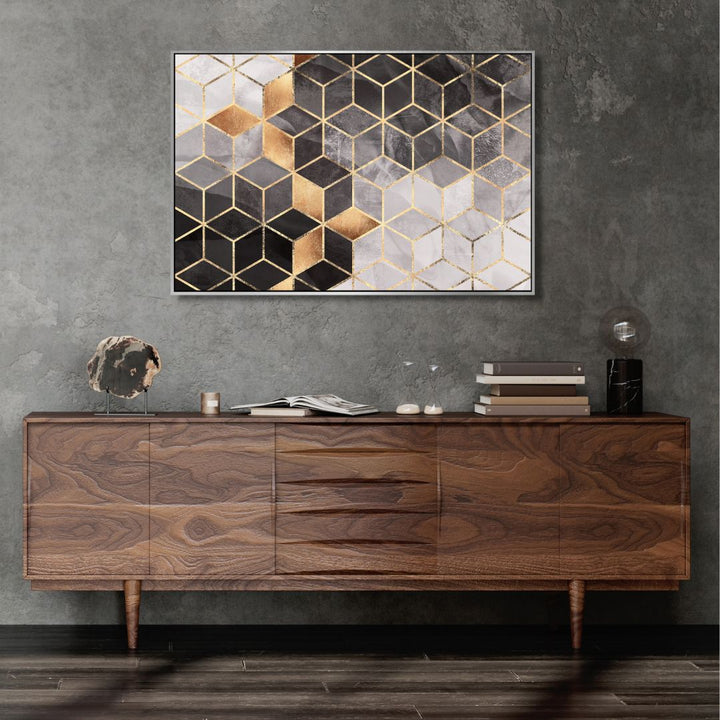 Geometric Gray & Gold Cubes Abstract Art - Designity Art