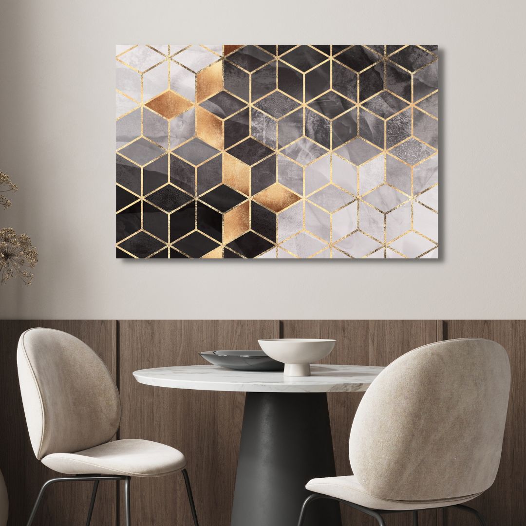 Geometric Gray & Gold Cubes Abstract Art - Designity Art