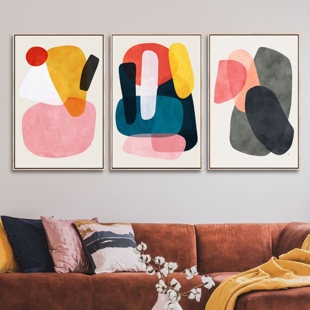 Geometric Pink, Yellow, Red, Gray Shapes Abstract Art - Designity Art