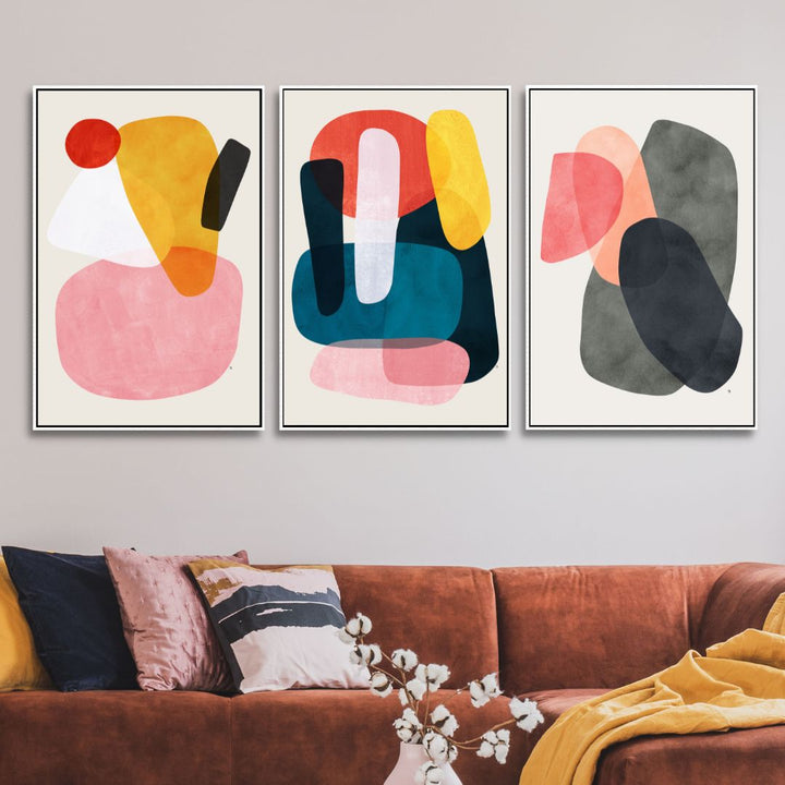 Geometric Pink, Yellow, Red, Gray Shapes Abstract Art - Designity Art