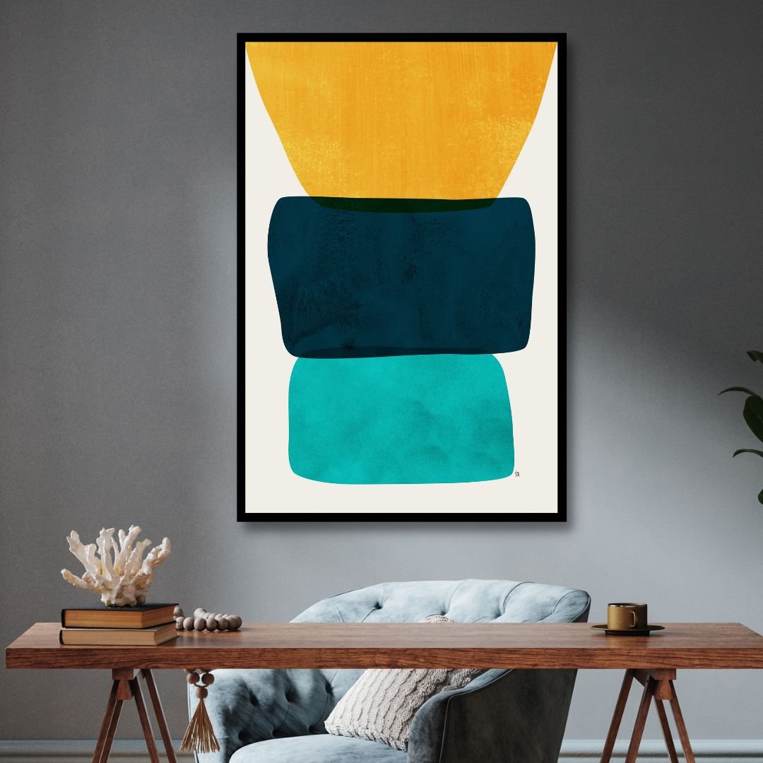 Geometric Yellow, Blue, Green Shapes Abstract Art - Designity Art