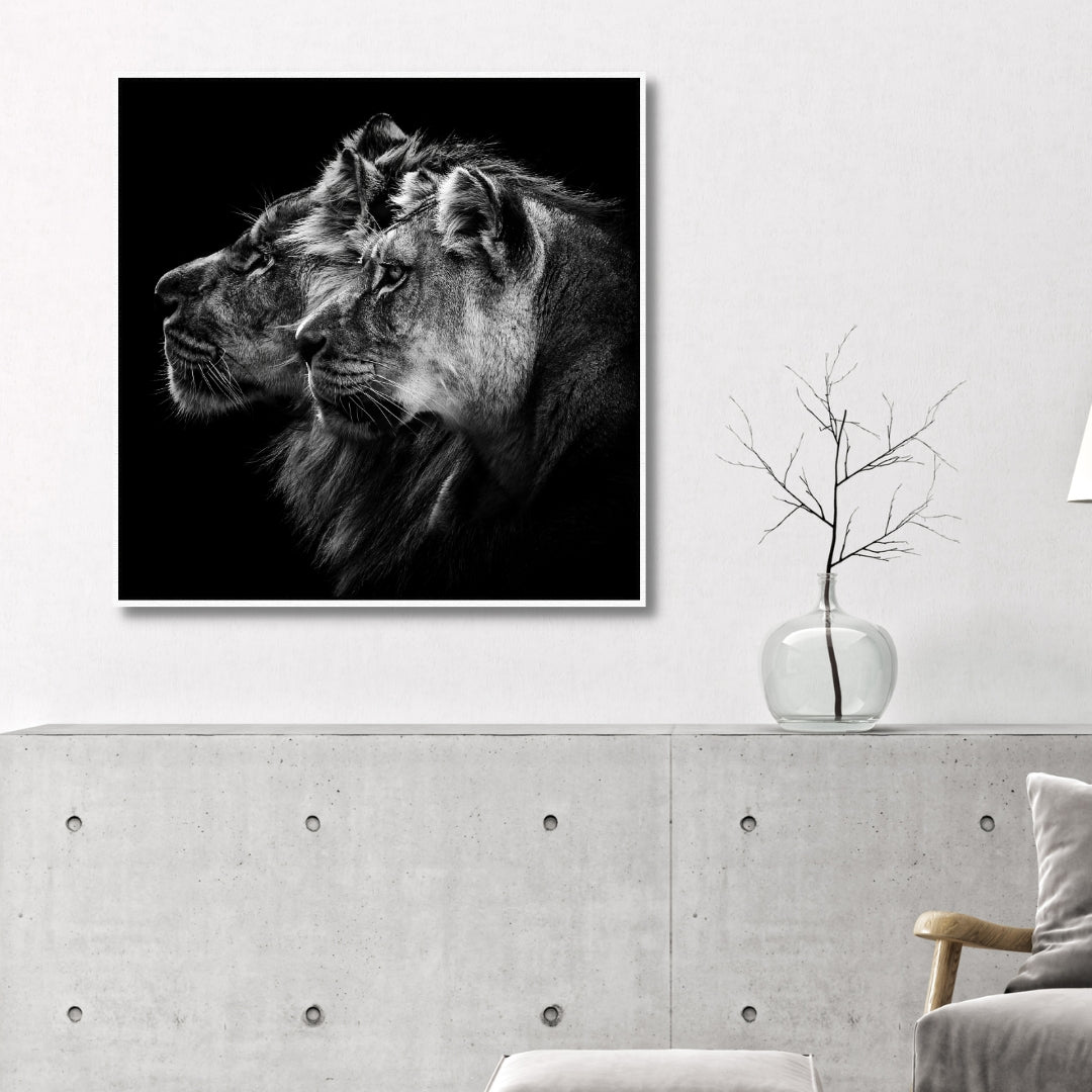 Lion and Lioness Portrait Canvas Art - Designity Art