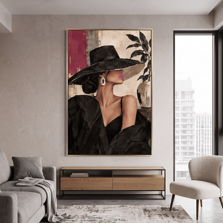 Woman in Black Hat Framed Canvas Wall Art, Elegant Fashion Portrait - Canvas Wall Art - Designity Art