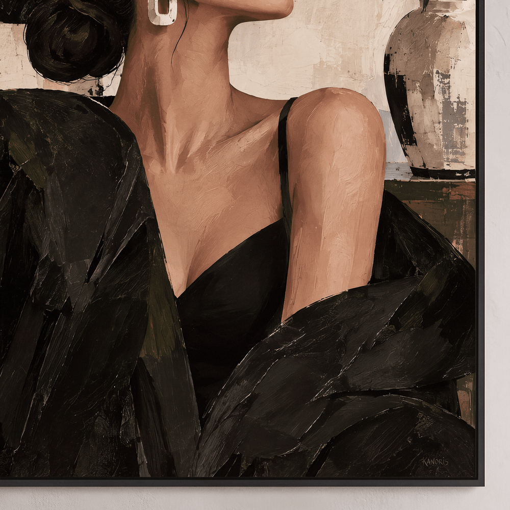 Woman in Black Hat Framed Canvas Wall Art, Elegant Fashion Portrait - Canvas Wall Art - Designity Art