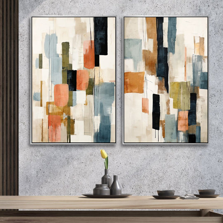 Beige, Green, Blue Shapes Abstract Canvas Wall Art