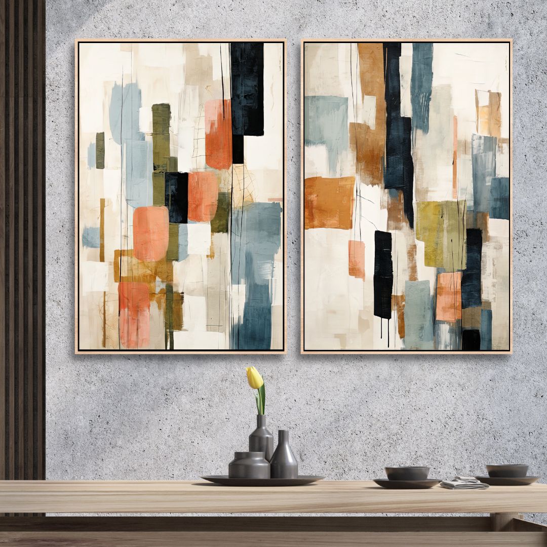 Beige, Green, Blue Shapes Abstract Canvas Wall Art