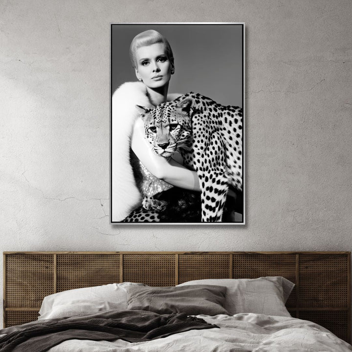 Black and White Fashion Lady with Leopard Canvas Art