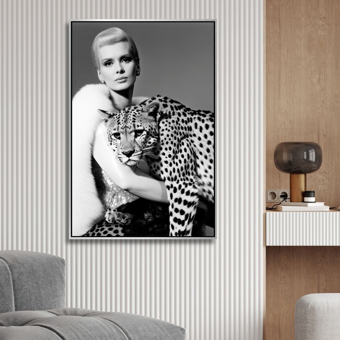 Black and White Fashion Lady with Leopard Canvas Art