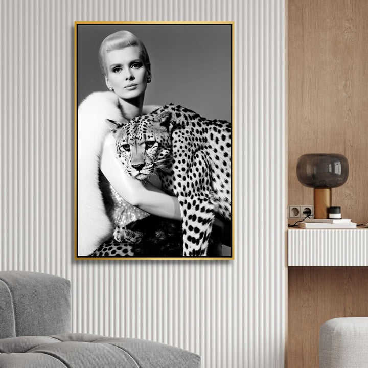 Black and White Fashion Lady with Leopard Canvas Art