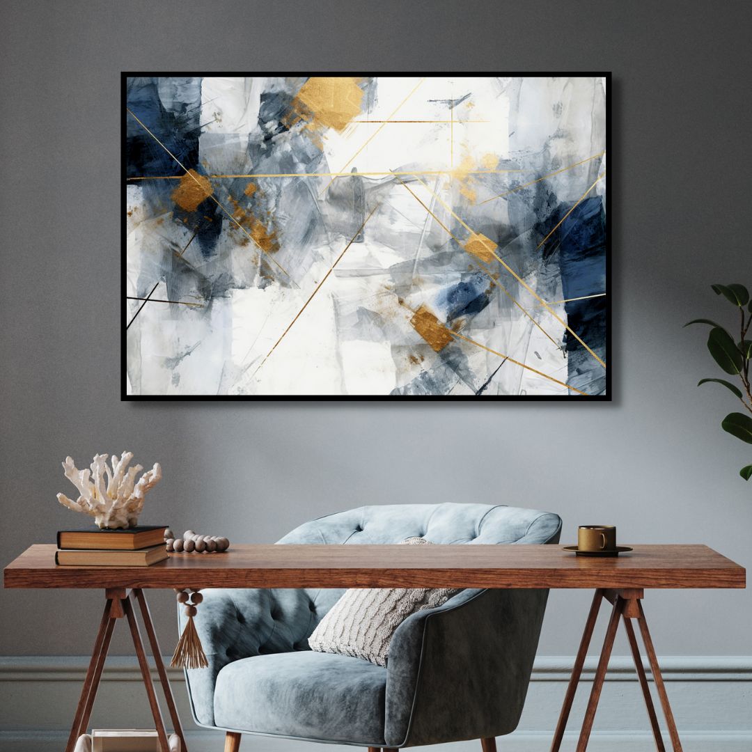 Blue and Gold Brushstrokes Abstract Art - Designity Art