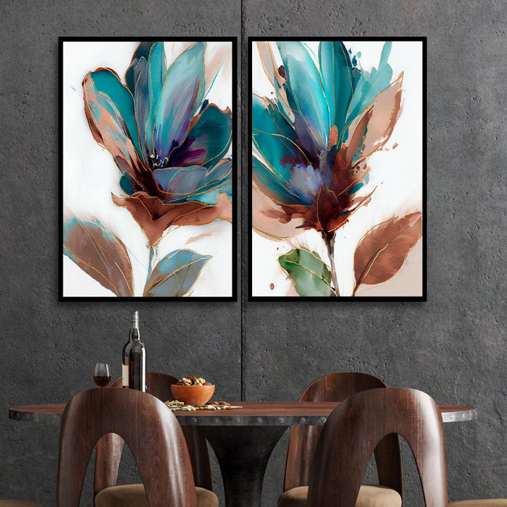 Blue Green Flowers Abstract Canvas Wall Art