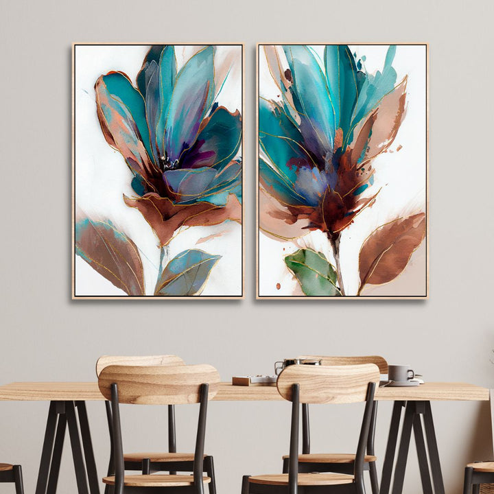 Blue Green Flowers Abstract Canvas Wall Art