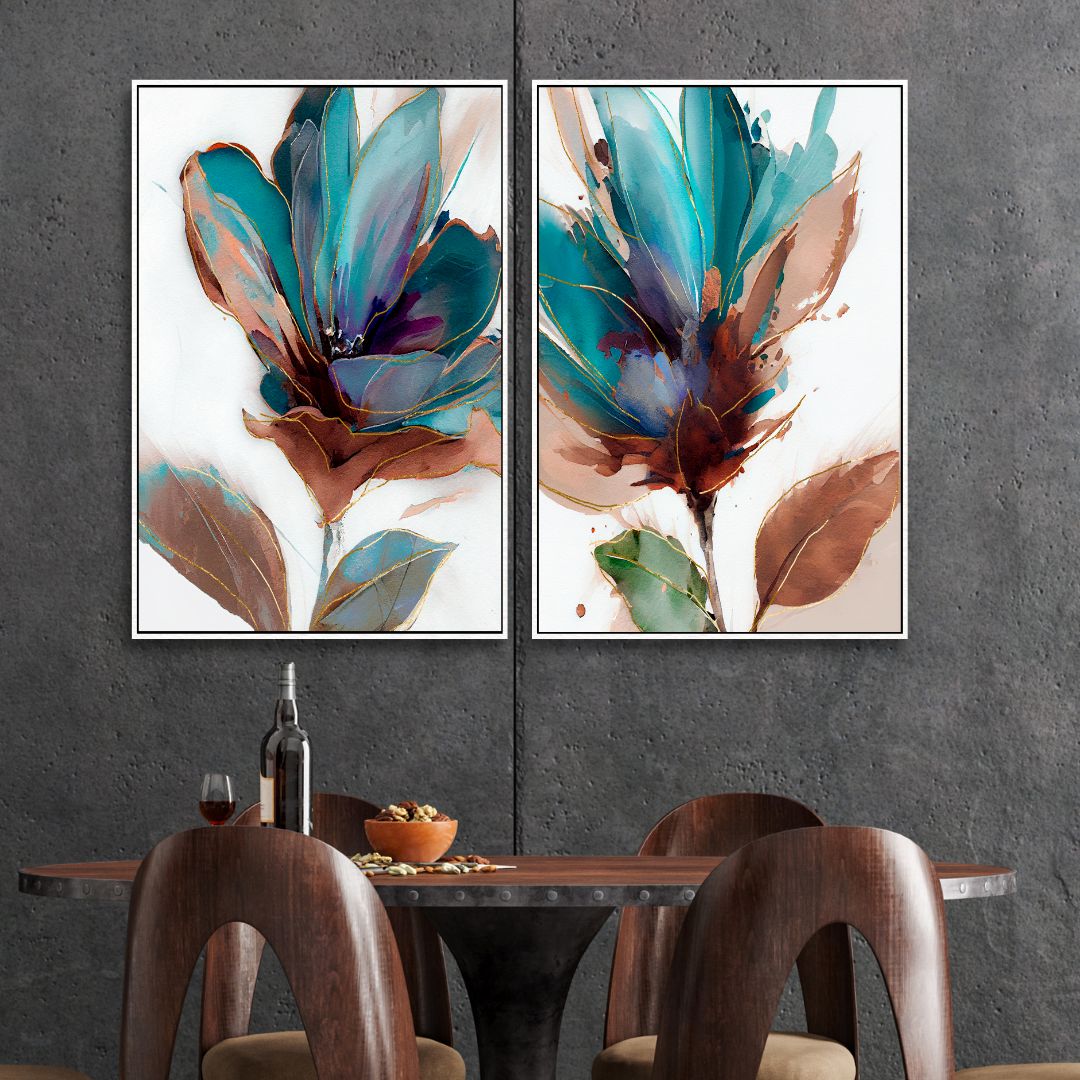 Blue Green Flowers Abstract Canvas Wall Art