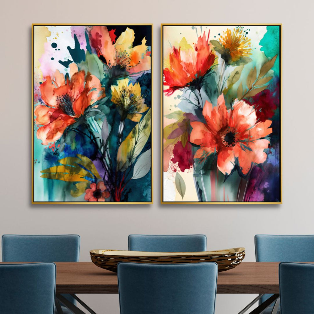 Colorful Watercolor Flowers Abstract Canvas Wall Art - Designity Art