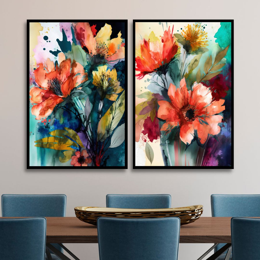 Colorful Watercolor Flowers Abstract Canvas Wall Art - Designity Art