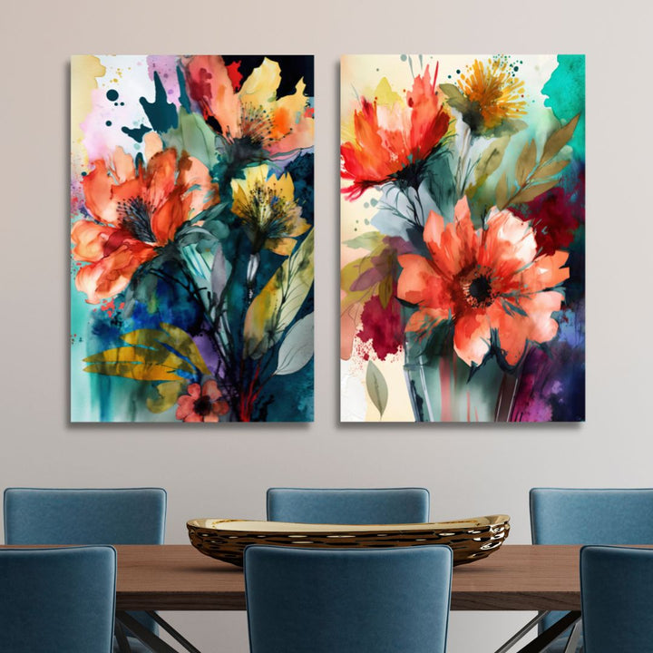 Colorful Watercolor Flowers Abstract Canvas Wall Art - Designity Art